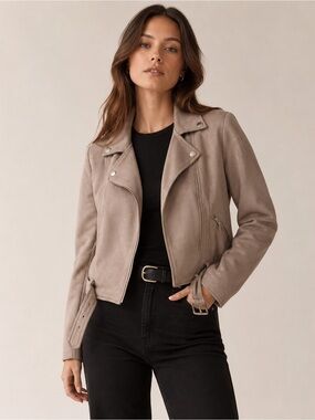 New Look Taupe Faux Suede Moto Jacket Size 8
